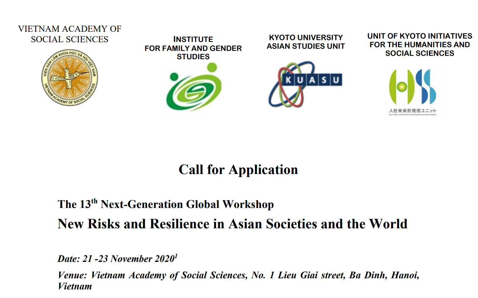 Call for Application 13th Next Generation Global Workshop 2020 in Hanoi IFGS VASS and KUASU